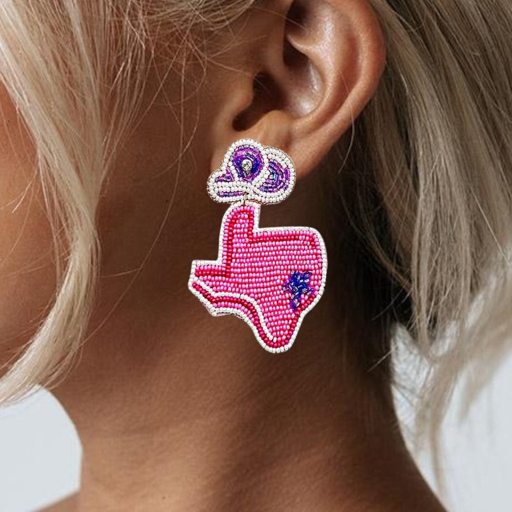 Texas Pink Cowgirl Beaded Crystal Accent Hat State Map Statement Gift Earrings